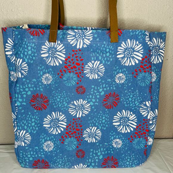 Floral Red White And Blue Canvas Tote Bag Faux Leather Brown Handle Straps - Picture 5 of 5